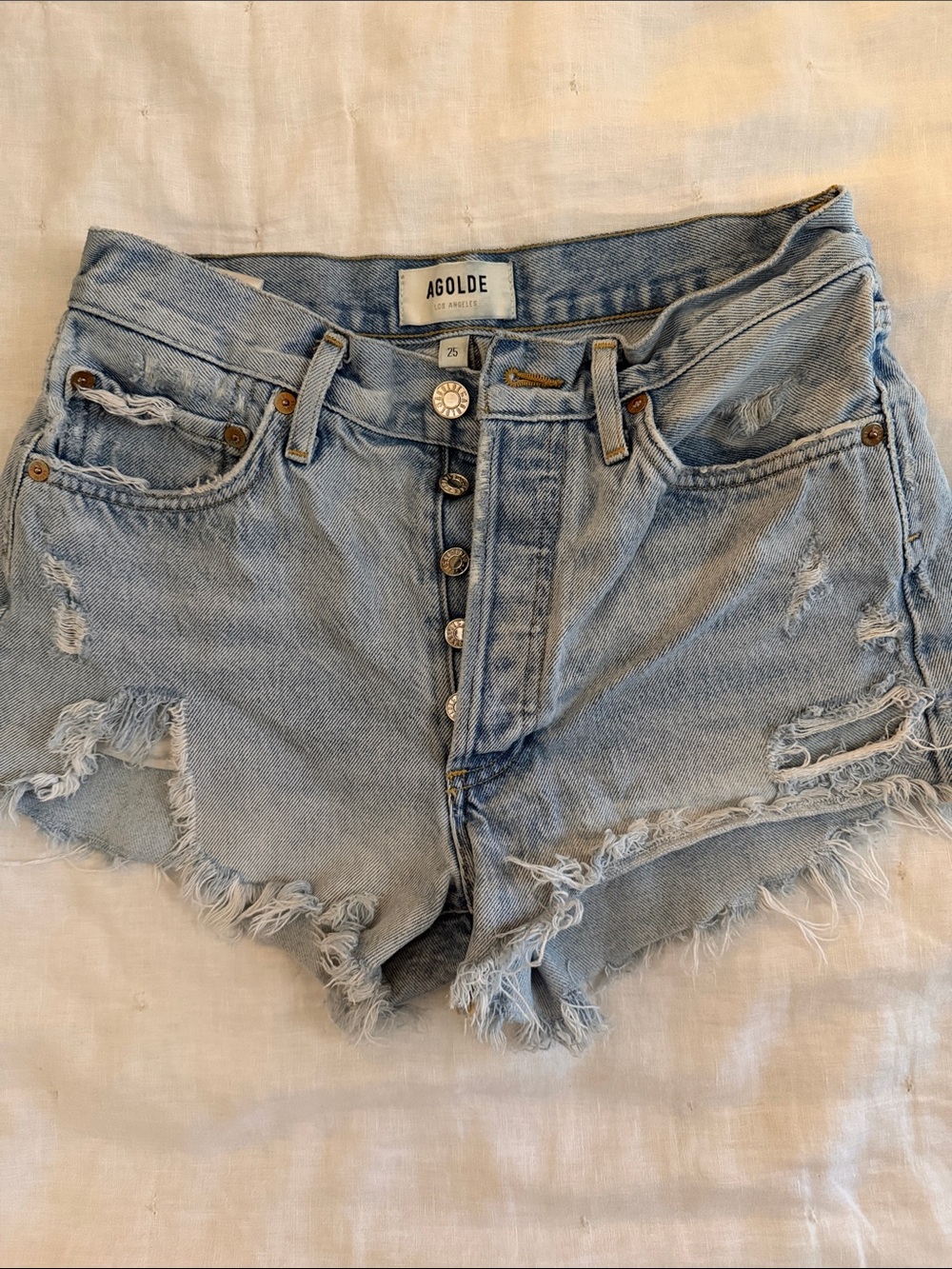Agolde Light Wash Distressed Mid-Rise Denim Shorts